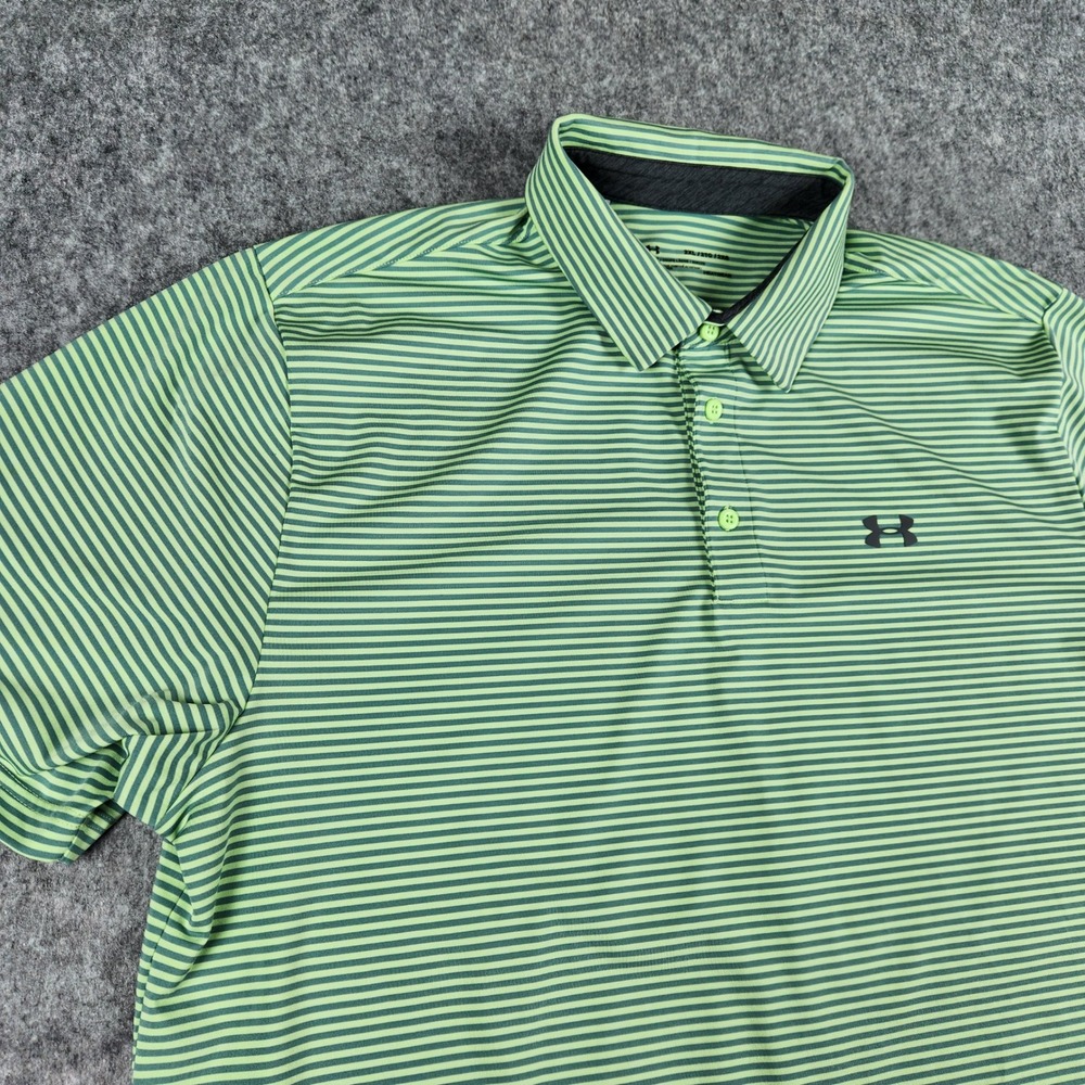 Under Armour HeatGear Polo Shirt Men 2XL XXL Green Striped Golf Activewear Top